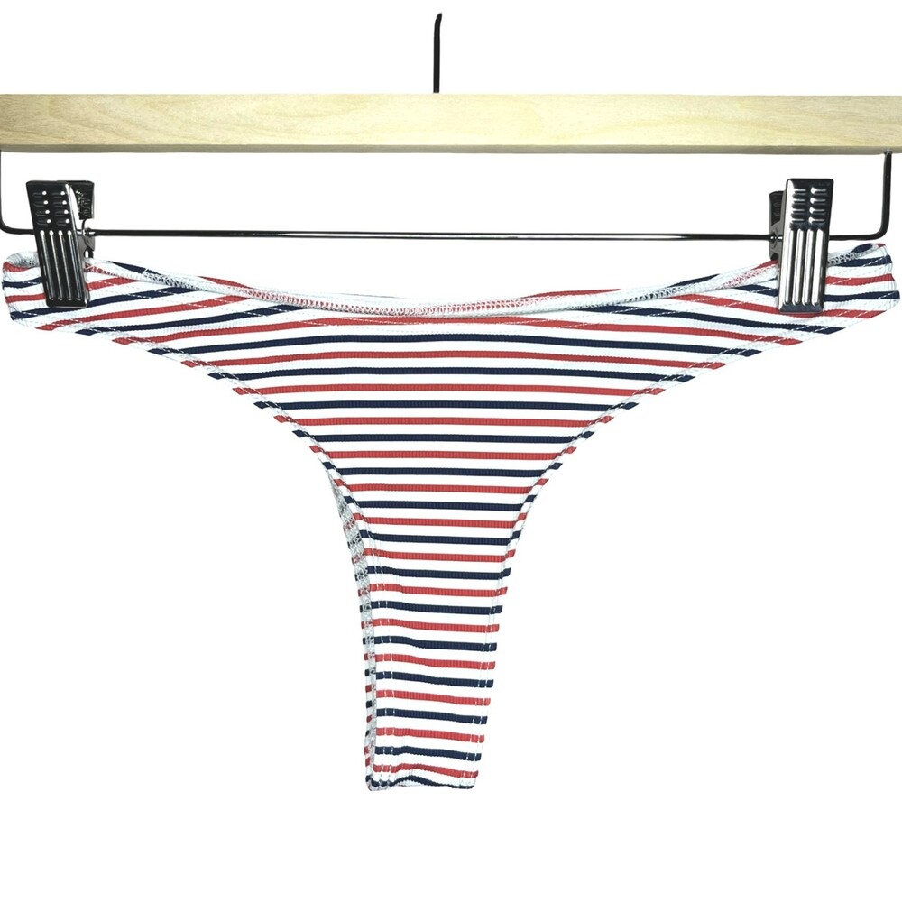 Frankies Bikinis Swimsuit Bottom Womens Medium Red White Blue Stripe Thong USA